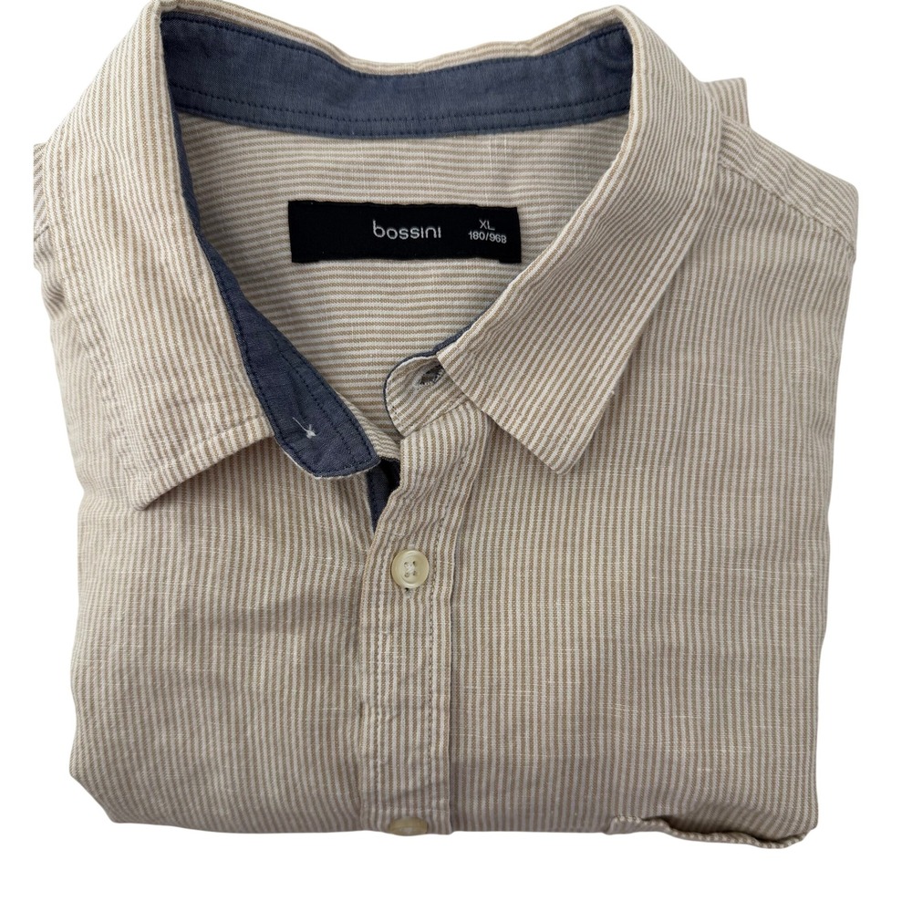 Bossini Mens XL Tan White Striped Cotton Linen Short Sleeve Button Down Shirt‎